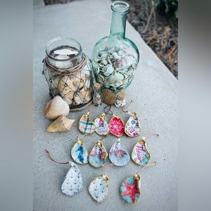 Hand made oyster shell ornaments.